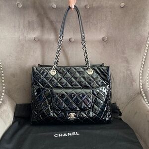 CHANEL Classic Black Quilted Patent Leather Silver Hardware Tote